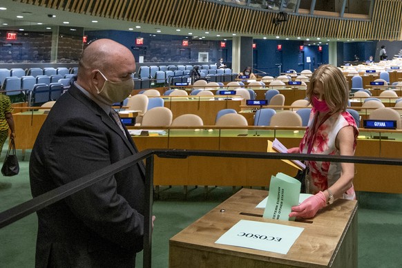 Norway&#039;s ambassador to the United Nations, Mona Juul, casts a vote during U.N. elections, Wednesday, June 17, 2020, at U.N. headquarters in New York. Norway and Ireland won contested seats on the ...