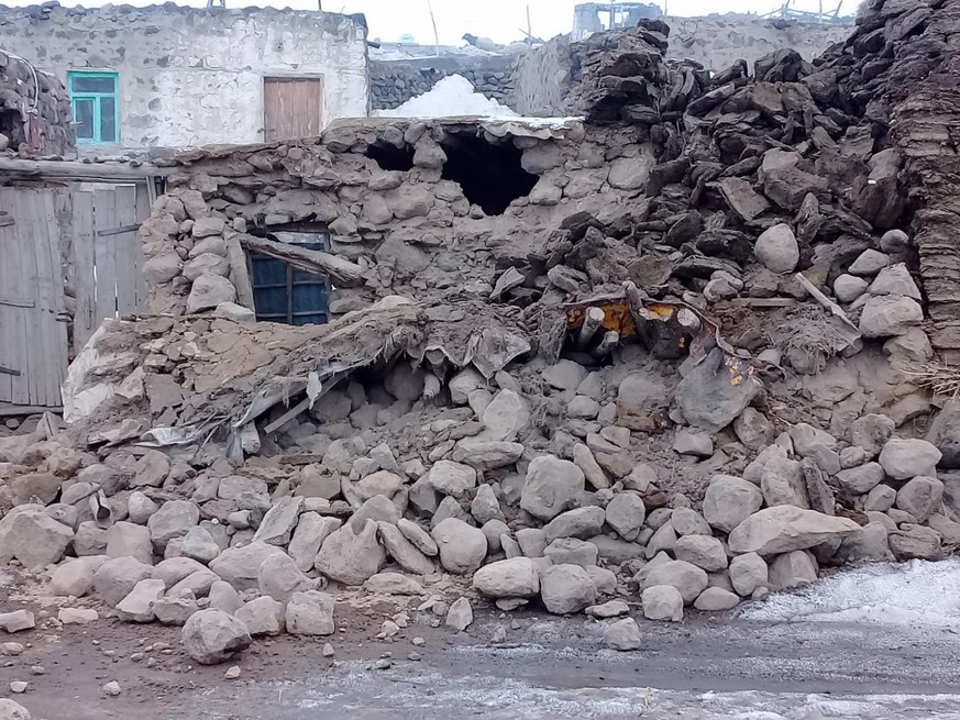 Houses are reduced to rubble after an earthquake hit villages in Baskale in Van province, Turkey, at the border with Iran, Sunday, Feb. 23, 2020. Turkish Interior Minister Suleyman Soylu said seven pe ...