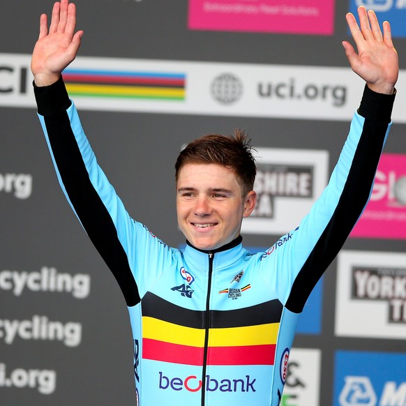epa07868910 Second placed Remco Evenepoel of Belgium on the podium of the Men Elite Individual Time Trial during the UCI World Championships in Harrogate, Britain, 25 September 2019. EPA/Nigel Roddis