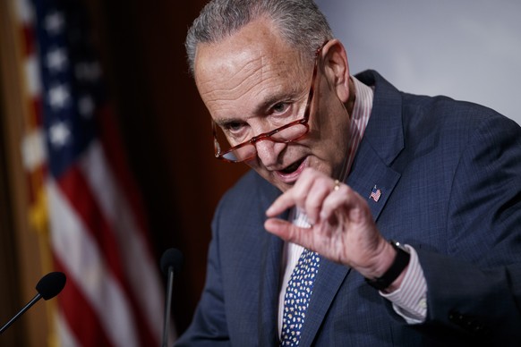 epa07656036 Senate Minority Leader Chuck Schumer responds to a question from the news media during a press conference on election security in the US Capitol in Washington, DC, USA, 18 June 2019. Senat ...