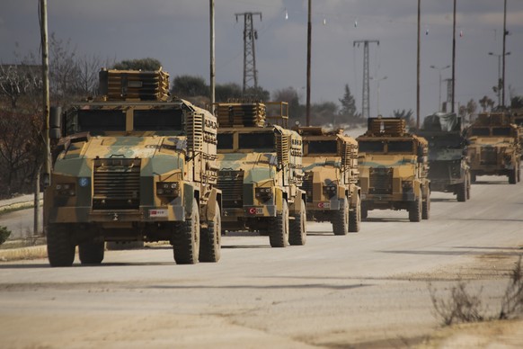 Turkish military convoy drives in Idlib province, Syria, Saturday, Feb. 22, 2020. A Turkish soldier was killed in Syria&#039;s northwest Idlib province, state-run Anadolu news agency reported Saturday ...