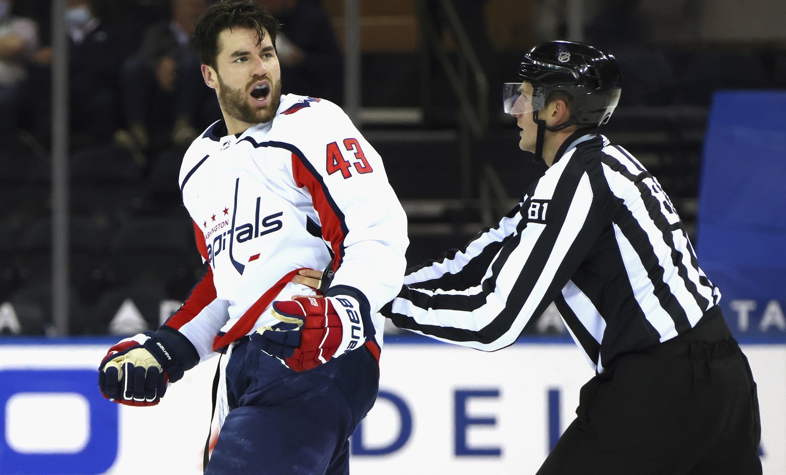 Washington Capitals&#039; Tom Wilson (43) yells at the New York Rangers bench after taking a second-period penalty during an NHL hockey game Monday, May 3, 2021, in New York. (Bruce Bennett/Pool Photo ...