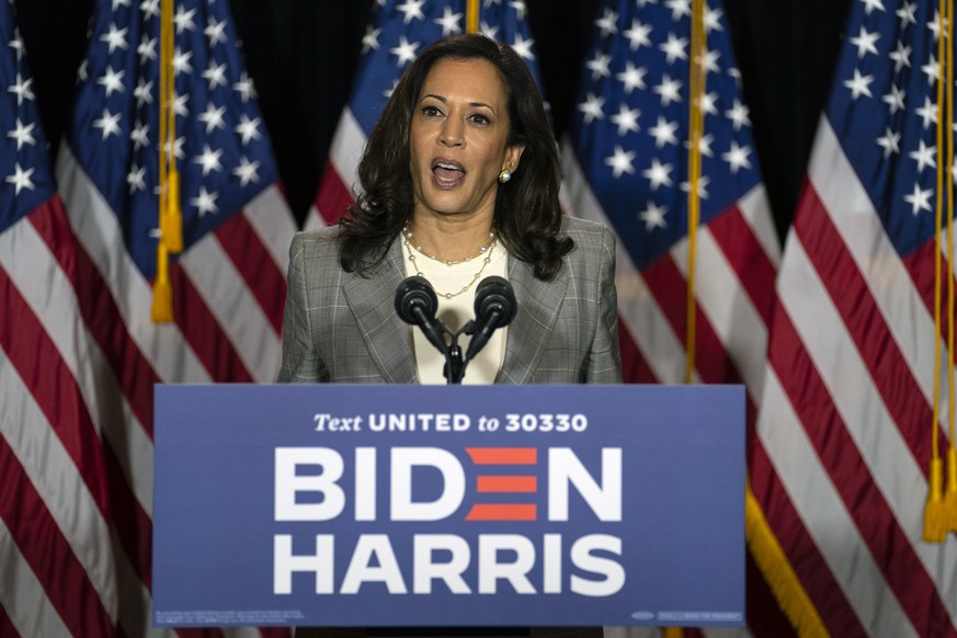 Sen. Kamala Harris, D-Calif., speaks during a news conference with Democratic presidential candidate former Vice President Joe Biden at the Hotel DuPont in Wilmington, Del., Thursday, Aug. 13, 2020. ( ...