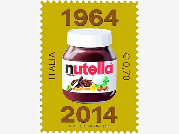 nutella briefmarke 50 jahre dessert brotaufstrich zucker haselnuss schokolade italien essen food https://www.linns.com/news/world-stamps-postal-history/2014/may/italy-issues-nutella-stamp-for-its-50th ...