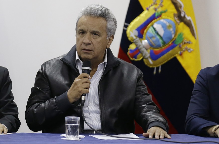 Ecuadorian President Lenin Moreno speaks during negotiations with anti-government protesters in Quito, Ecuador, Sunday, Oct. 13, 2019. The government and indigenous protesters started negotiations aim ...