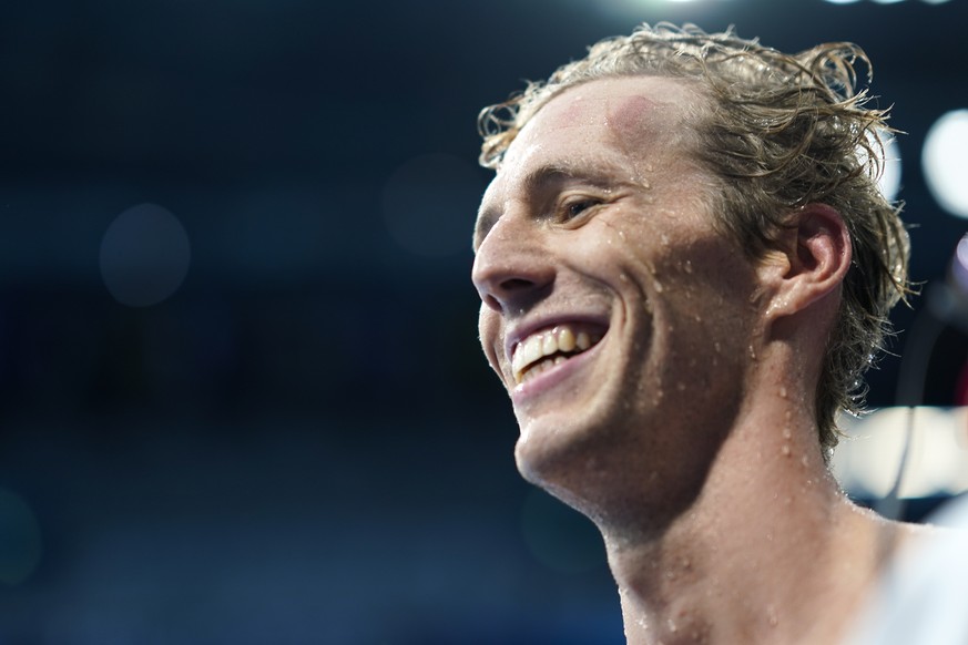Jeremy Desplanches, of Switzerland, smiles after the men&#039;s 200-meter individual medley final at the 2020 Summer Olympics, Friday, July 30, 2021, in Tokyo, Japan. (AP Photo/David Goldman)