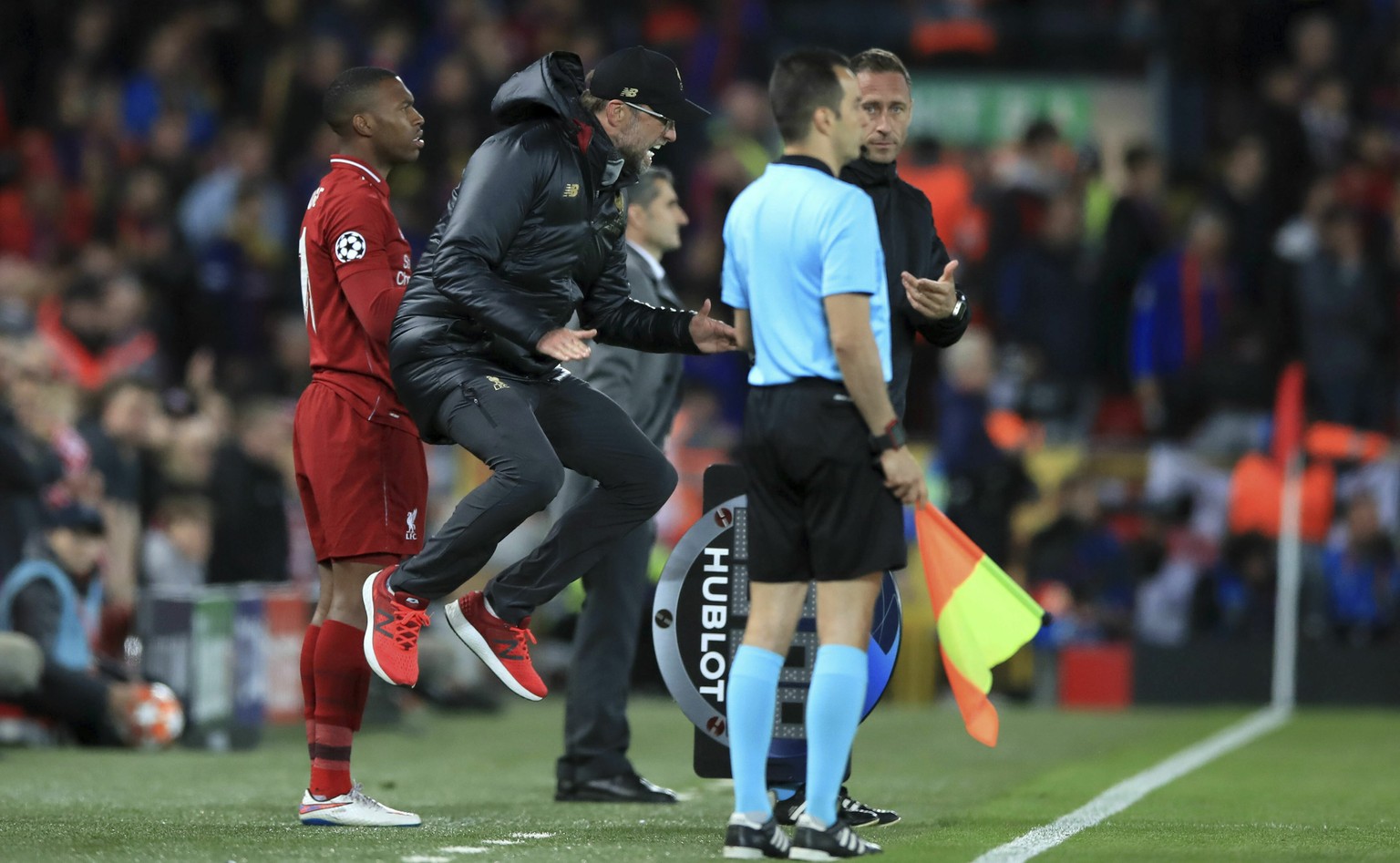 Liverpool manager Jurgen Klopp gestures on the touchline during the Champions League Semi Final, second leg soccer match between Liverpool and Barcelona at Anfield, Liverpool, England, Tuesday, May 7, ...