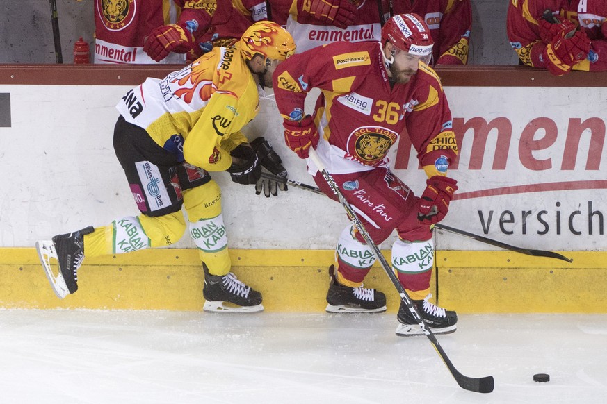 Tigers Benjamin Neukom, rechts, kaempft um den Puck gegen Berns Topscorer Andrew Ebbett, links, waehrend dem Meisterschaftsspiel der National League zwischen den SCL Tigers und dem SC Bern, am Samstag ...