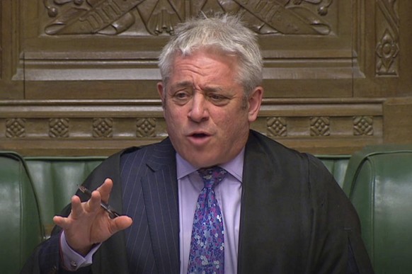 In this grab taken from video, Speaker John Bercow gestures during Prime Minister&#039;s Questions in the House of Commons, London, Wednesday April 3, 2019. With Britain racing toward a chaotic exit f ...