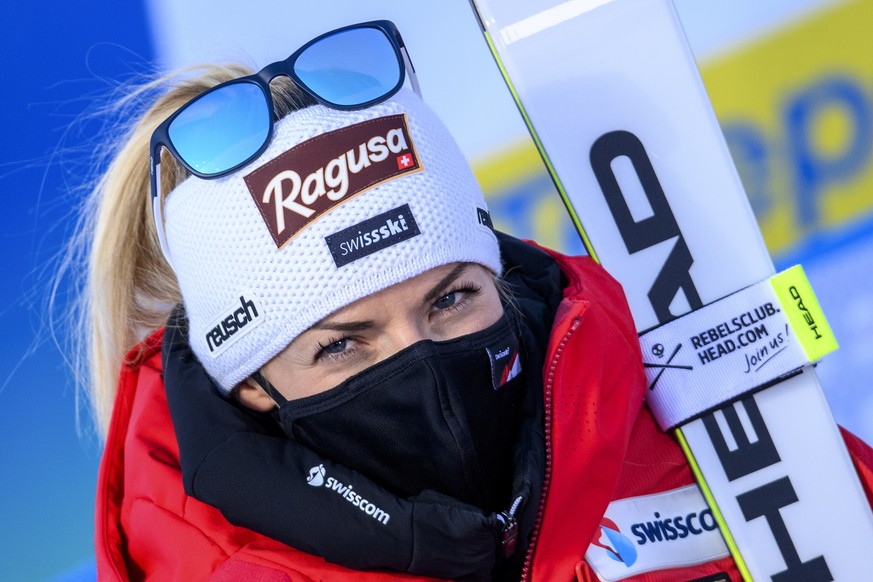 epa09004310 Lara Gut-Behrami of Switzerland reacts in the finish area during the Women&#039;s Super G race at the Alpine Skiing World Championships in Cortina d&#039;Ampezzo, Italy, 11 February 2021.  ...