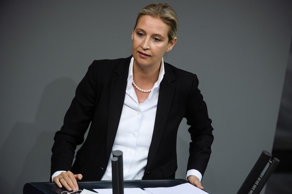 epa08843412 Alternative for Germany party (AfD) faction co-chairwoman in the German parliament Bundestag and deputy chairwoman Alice Weidel speaks during a debate on how to cope with the Covid-19 pand ...