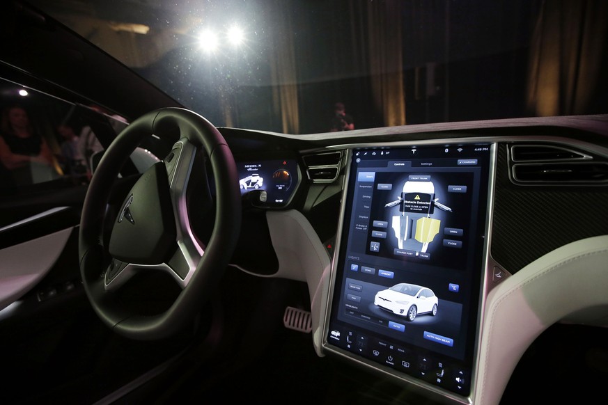 FILE - This Tuesday, Sept. 29, 2015, file photo shows the dashboard of the Tesla Model X car, at the company&#039;s headquarters in Fremont, Calif. Newer cars that connect to the internet are capable  ...
