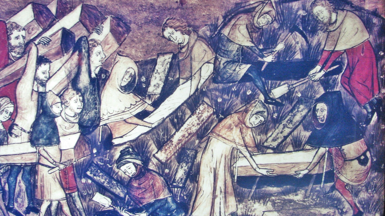 Pest, Schwarzer Tod, The citizens of Toumai bury their dead during the black death. Miniature from manuscript, Belgium, 14th century
