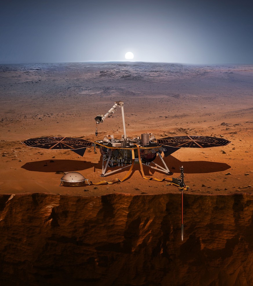 epa07186049 An undated handout artist&#039;s impression made available by NASA shows an illustration of NASA&#039;s InSight lander probing the &#039;Inner Space&#039; of Mars. NASA will try to safely  ...