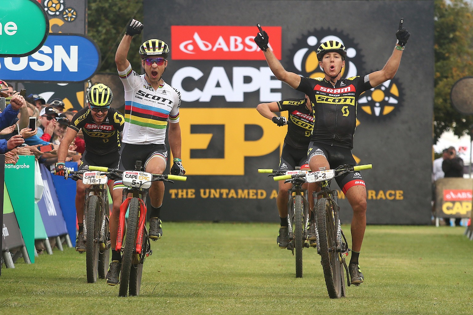 Nino Schurter &amp; Matthias Stirnemann of SCOTT-SRAM MTB Racing celebrate winning stage 5 &amp; taking the Overall lead during stage 5 of the 2017 Absa Cape Epic Mountain Bike stage race held from Oa ...