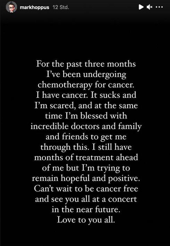Der Sänger der US-Rockband Blink 182, Mark Hoppus, ist nach eigenen Angaben an Krebs erkrankt. Er unterziehe sich seit drei Monaten einer Chemotherapie, schrieb der 49-jährige Bassist am Mittwoch (Ort ...
