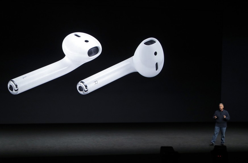 FILE - In this Sept. 7, 2016, file photo, Phil Schiller, Apple&#039;s senior vice president of worldwide marketing, talks about AirPods during an event to announce new products, in San Francisco. AirP ...