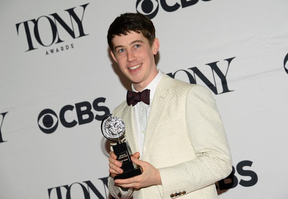 Alex Sharpe poses with the award for best performance by an actor in a leading role in a play for The Curious Incident of the Dog in the Night-Time in the press room at the 69th annual Tony Awards a ...