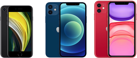 iPhone SE (2020), iPhone 12 und iPhone 11 (von links).