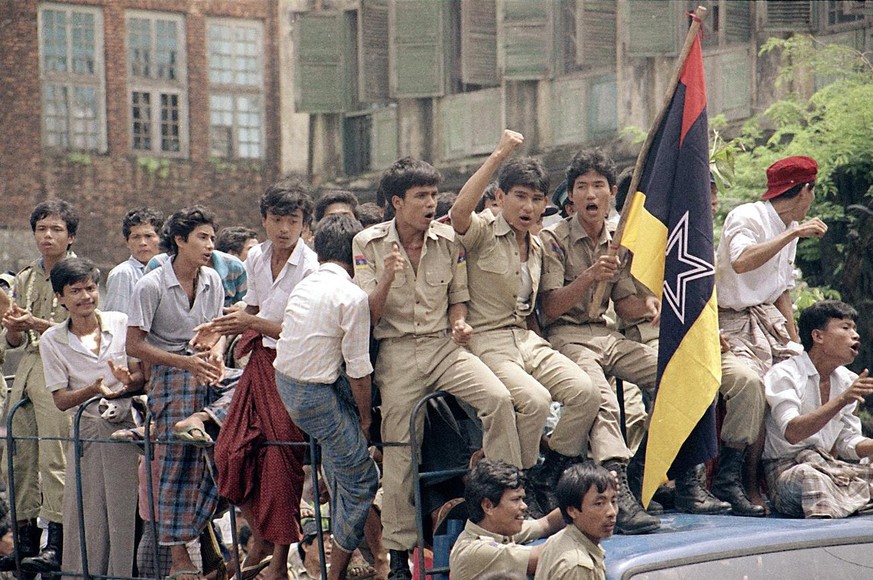 Demonstrators take to the streets of Yangon, Myanmar, during a pro-democracy rally, in this Sept. 1988 photo. Just like in 1988 recent demonstrations have led to violent crackdowns by the military rul ...