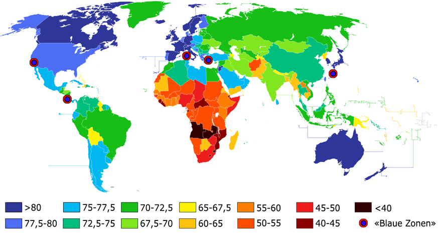 Lebenserwartung 2012 nach Ländern (CIA-Factbook), Blaue Zonen