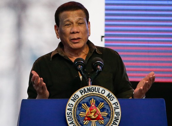 epa07369789 Philippine President Rodrigo Duterte speaks during a campaign in San Jose, Bulacan province, Philippines, 14 February 2019. Duterte attended the kickoff campaign of his senatorial bets fro ...