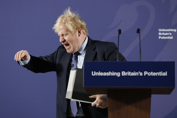 British Prime Minister Boris Johnson outlines his government&#039;s negotiating stance with the European Union after Brexit, during a key speech at the Old Naval College in Greenwich, London, Monday,  ...