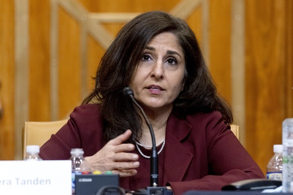 FILE - In this Feb. 10, 2021 file photo, Neera Tanden, President Joe Biden&#039;s nominee for Director of the Office of Management and Budget (OMB), testifies during a Senate Committee on the Budget h ...
