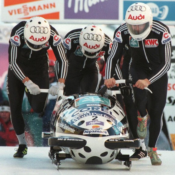 FOUR MEN BOBSLEIGH WORLD CHAMPIONSHIPS AT ST. MORITZ February 1, 1997 -- Third place after two runs for the team Swiss 1 with Marcel Rohner, Markus Nuessli, Thomas Schreiber and Roland Tanner - at the ...