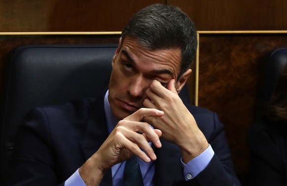 Spain&#039;s Prime Minister Pedro Sanchez gestures during a session at Spanish parliament in Madrid, Wednesday, Feb. 13, 2019. Spain&#039;s lower house has rejected the ruling Socialist government&#03 ...