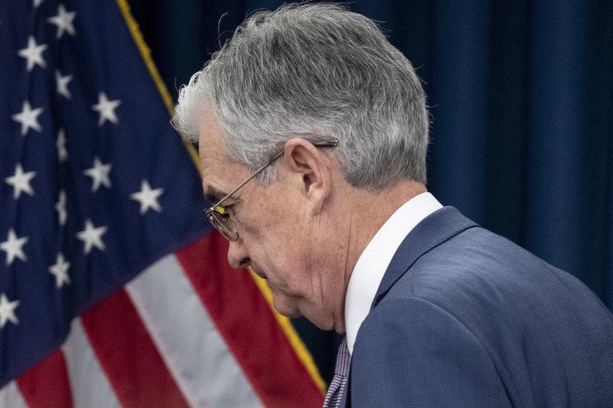 epa08267237 US Federal Reserve Chairman Jerome Powell leaves the podium after holding a news conference on an emergency interest rate cut, in Washington, DC, USA, 03 March 2020. The US Federal Reserve ...