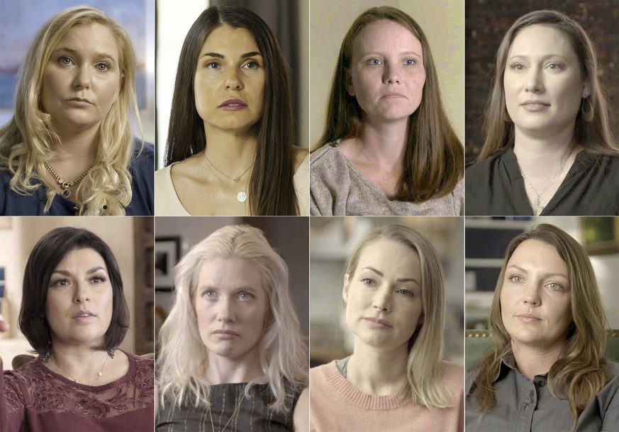 This combination of photos released by Lifetime shows participants in the new docuseries �??Surviving Jeffrey Epstein�?� top row from left, Virginia Roberts Giuffre, Teresa Helm, Jena Lisa Jones, Kiki ...