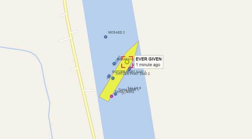 vesselfinder.com zeigen die feststeckende Ever Given im Suezkanal