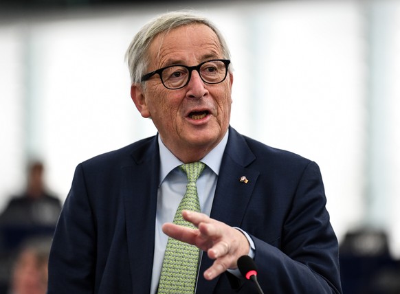 epa07285836 Jean-Claude Juncker, President of the European Commission, delivers his speech at the European Parliament in Strasbourg, France, 15 January 2019, during the debate on the Review of the Aus ...