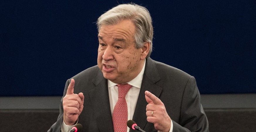 epa05969256 United Nations Secretary-General Antonio Guterres delivers his speech at the European Parliament in Strasbourg, France, 17 May 2017. The EU parliament report that Antonio Guterres addresse ...