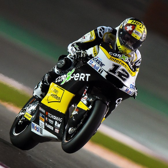 epa05868501 Swiss Moto2 rider Thomas Luthi of the CarXpert Interwetten team in action during a free practice session for the Motorcycling Grand Prix of Qatar at Al Losail International Circuit in Doha ...