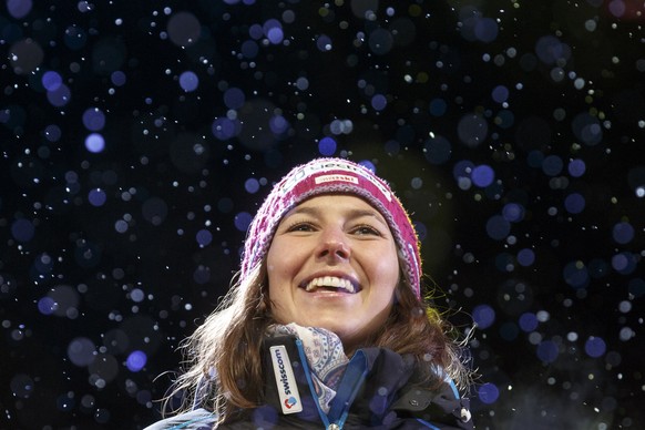 Gold medalist Wendy Holdener of Switzerland looks on during the women alpine combined winner&#039;s presentation at the 2017 FIS Alpine Skiing World Championships in St. Moritz, Switzerland, Friday, F ...