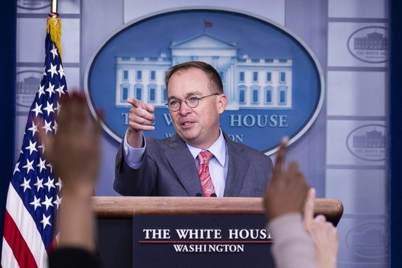 epa07928080 Acting White House Chief of Staff Mick Mulvaney holds a news conference in the James Brady Press Briefing Room of the White House, in Washington, DC, USA, 17 October 2019. Mulvaney announc ...