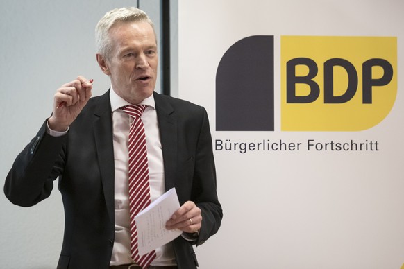 Werner Luginbuehl, conseiller d&#039;Etat BE, parle lors de la 1ere assemblee des delegues 2019 du Parti Bourgeois-Democratique Suisse, PBD, BDP, ayant pour but de formuler des recommandations de vote ...