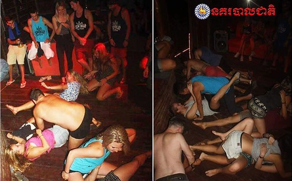 In this photo dated Jan. 25, 2018, issued by Cambodian National Police, a group of unidentified foreigners, who are accused of &quot;dancing pornographically&quot; at a party in Siem Reap town, near t ...