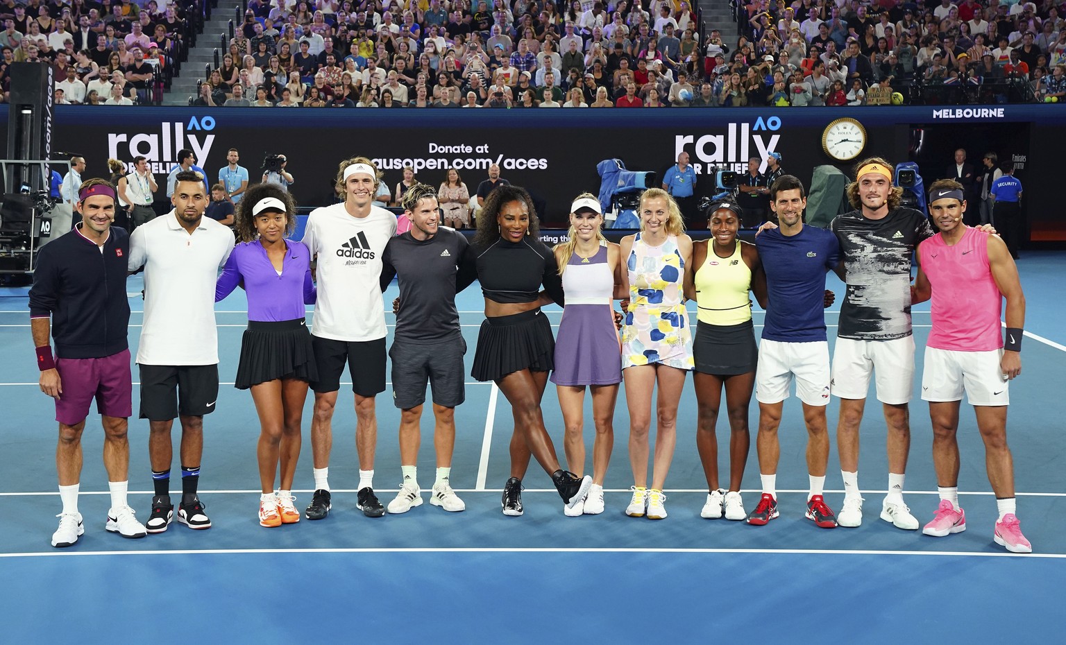 From left, Roger Federer of Switzerland, Nick Kyrgios of Australia, Naomi Osaka of Japan, Alexander Zverev, Dominic Thiem of Austria, Serena Williams of the United States, Caroline Wozniacki of Denmar ...