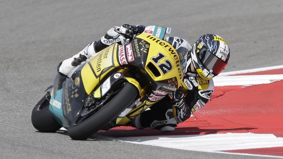 Thomas Luethi of Switzerland during an open practice session for the MotoGP Grand Prix of the Americas motorcycle race at the Circuit of the Americas, Friday, April 11, 2014, in Austin, Texas. (AP Pho ...