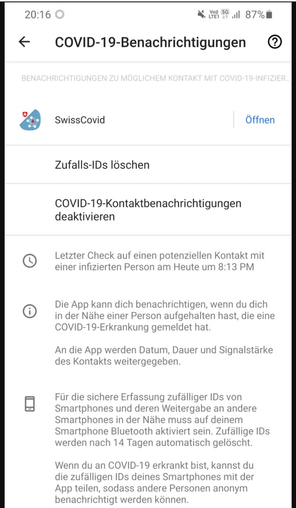 Die Android-Version der SwissCovid-App.