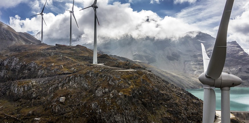 Wind turbines at the site of the highest wind park in Europe are pictured at the Griessee, near the Nufenenpass in the Swiss south Alpes, Valais, Switzerland, on September 23, 2016. The four wind turb ...