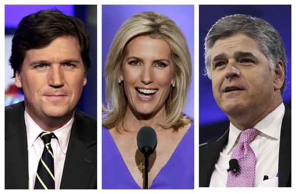 FILE - This combination of photo shows, from left, Tucker Carlson, host of &quot;Tucker Carlson Tonight,&quot; Laura Ingraham, host of &quot;The Ingraham Angle,&quot; and Sean Hannity, host of &quot;H ...