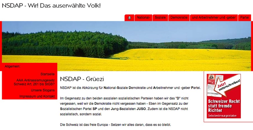 Wirr aber nicht harmlos: NSDAP-Auftritt im Internet. Rechts im Bild Werbung für die SVP-Initiative