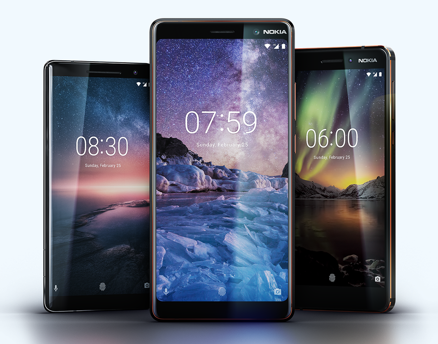 Nokia 8 Sirocco, Nokia 7 Plus und Nokia 6 (2018).