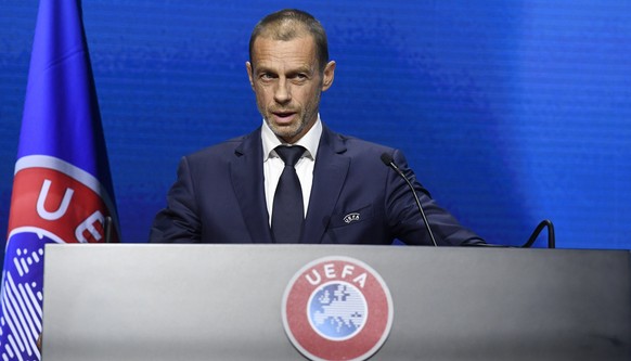 UEFA President Aleksander Ceferin speaks during the 45th UEFA Congress in Montreux, Switzerland, Tuesday April 20, 2021. Ceferin has directly appealed to the owners of English clubs in the Super Leagu ...