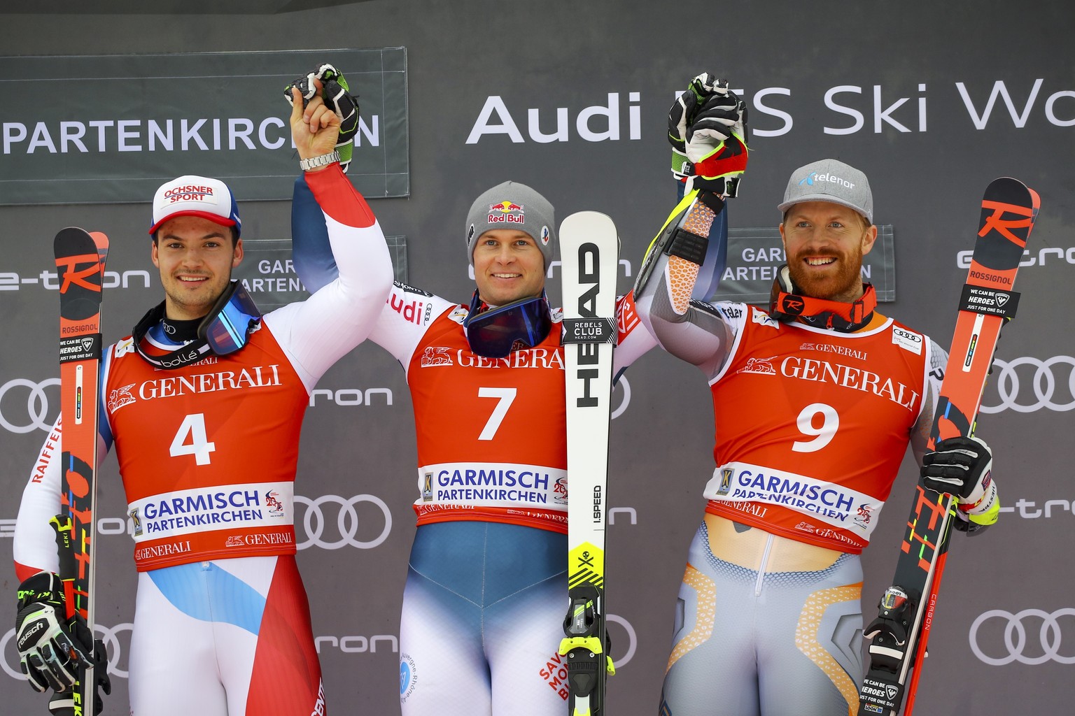 France&#039;s Alexis Pinturault, center, winner of an alpine ski, men&#039;s World Cup giant slalom, celebrates on the podium with second-placed Switzerland&#039;s Loic Meillard, left, and third-place ...