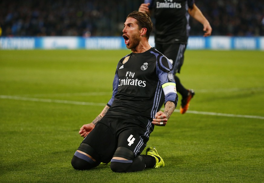 Football Soccer - Napoli v Real Madrid - UEFA Champions League Round of 16 Second Leg - Stadio San Paolo, Naples, Italy - 7/3/17 Real Madrid&#039;s Sergio Ramos celebrates scoring their second goal Re ...